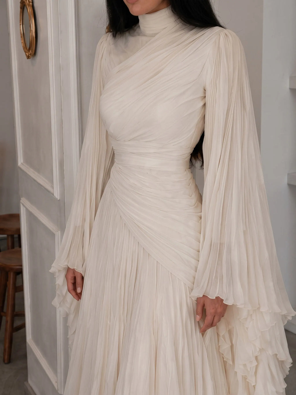 High Neck Ruched Pleated Balloon Sleeve Maxi Dress