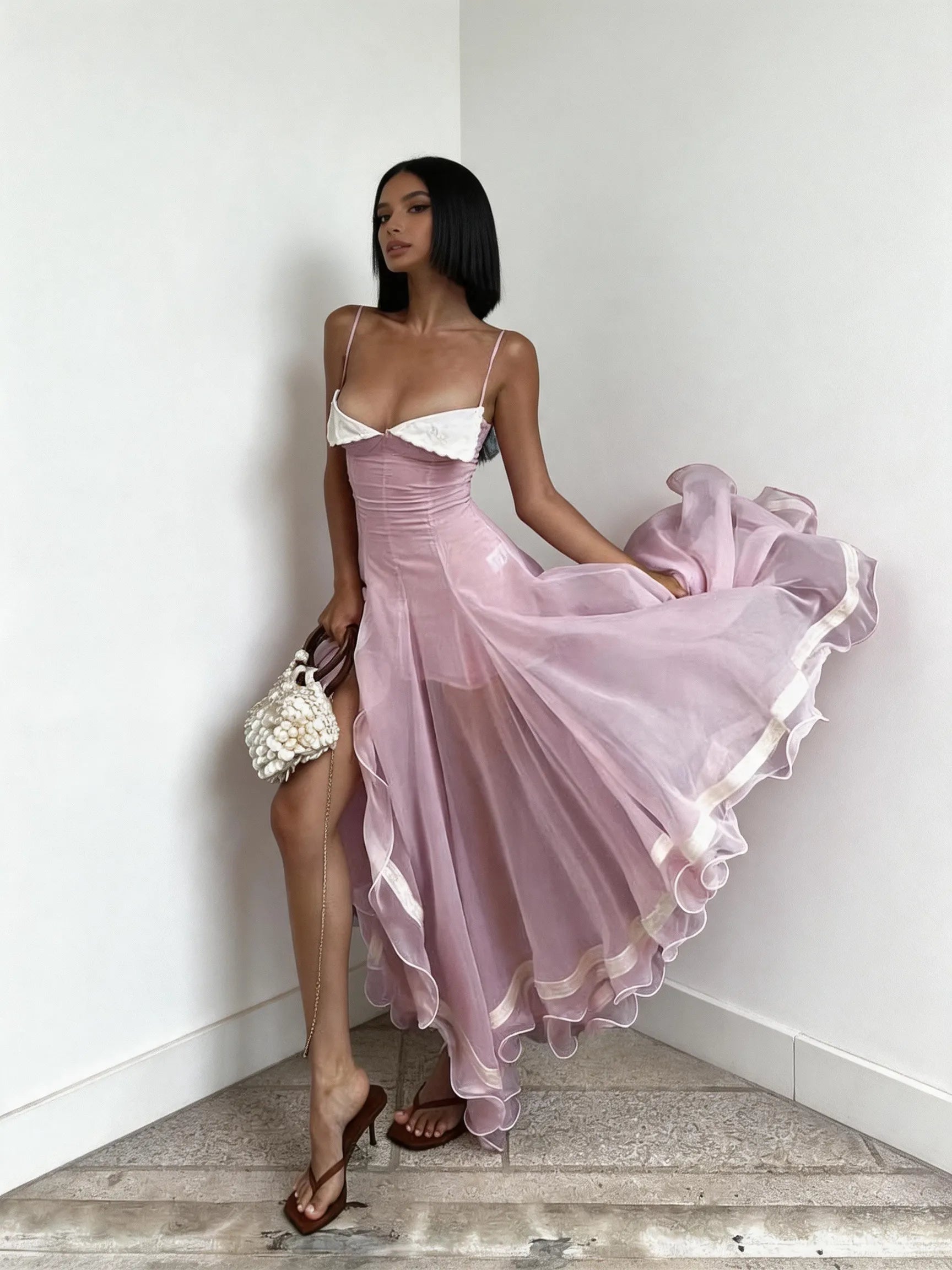 Two-Tone Satin Lace Trim Cami Flowy Maxi Dress