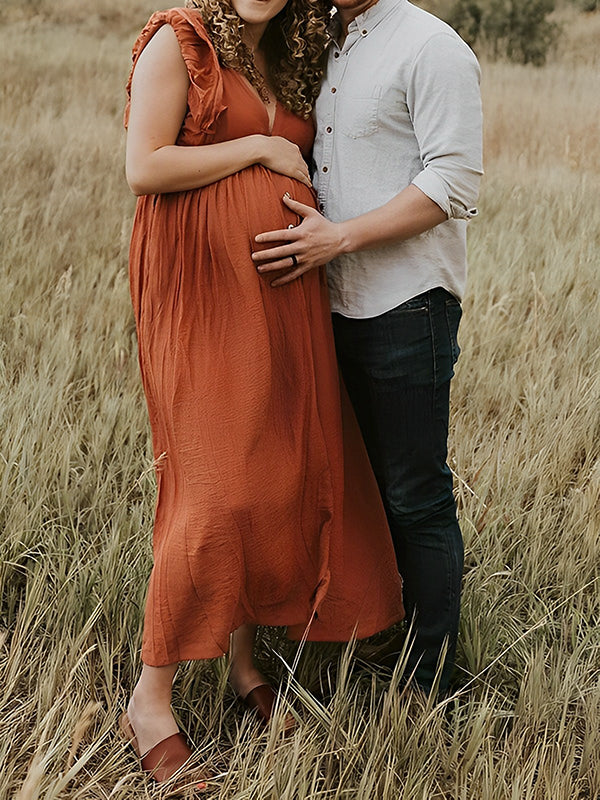 Single Breasted Drawstring Ruffle Tie Back Red Maternity Photoshoot Maxi Dress