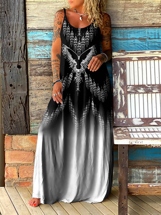 Tribal Retro Viking Birds Ethnic Gradient Graphics Maxi Dress