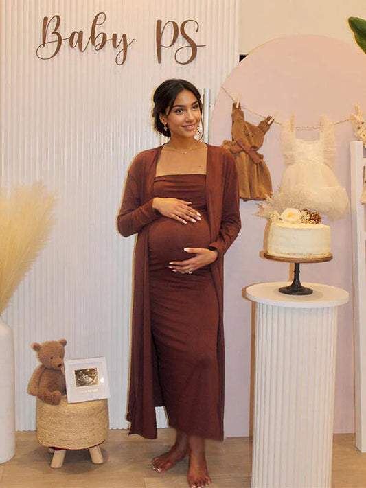 Brown 2-in-1 Solid Color Elegant Bodycon Baby Shower Maternity Maxi Dress