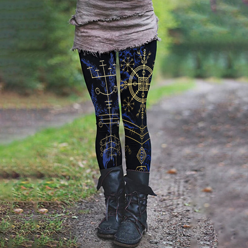 Vikings Floral Tribal Totem Text Print Retro Leggings