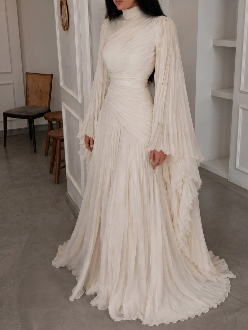 High Neck Ruched Pleated Balloon Sleeve Maxi Dress