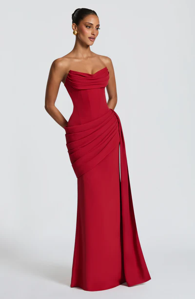 White / Red Strapless Cowl Neck Lace-Up Backless Draped Ruched Bodycon Mermaid Evening Maxi Dress