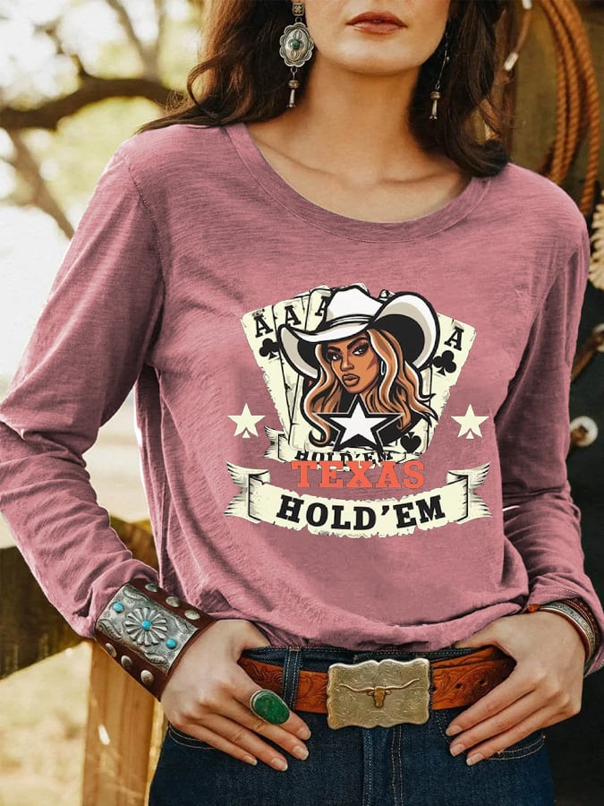 Women's Country Music Texas Hold 'Em Queen B Beyhive Cowgirl Casual Long-Sleeve T-Shirt