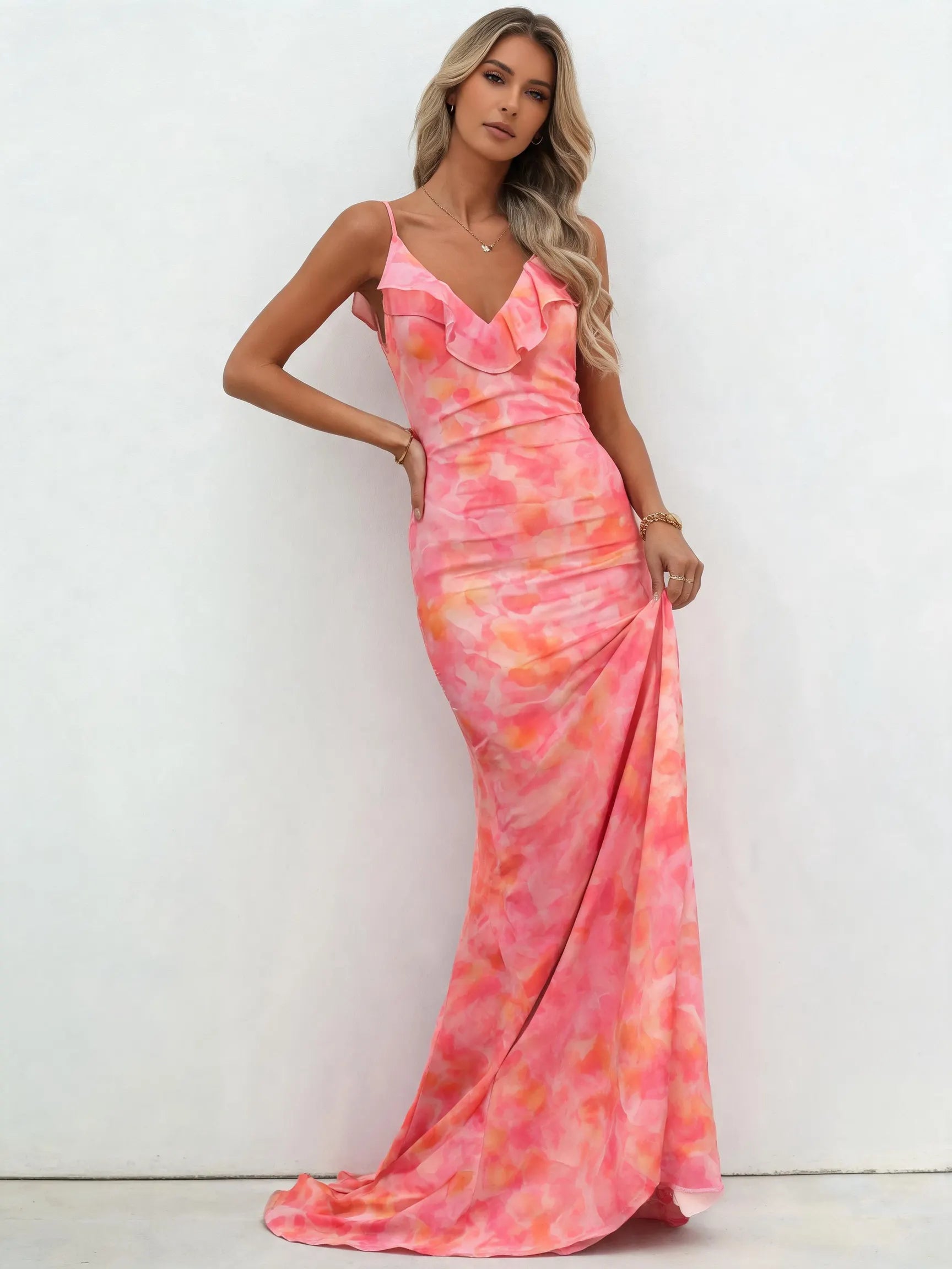 Women Spaghetti Strap Ruffle Open Back Ruched Abstract Print Mermaid Maxi Gown