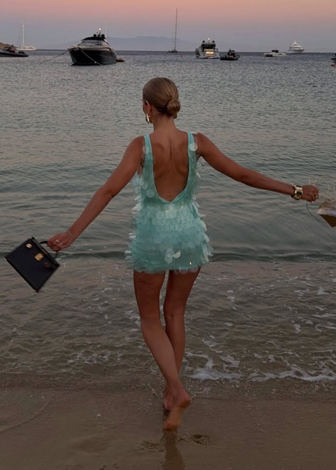 Light Blue Large Sequin Backless Vacation Mini Dress