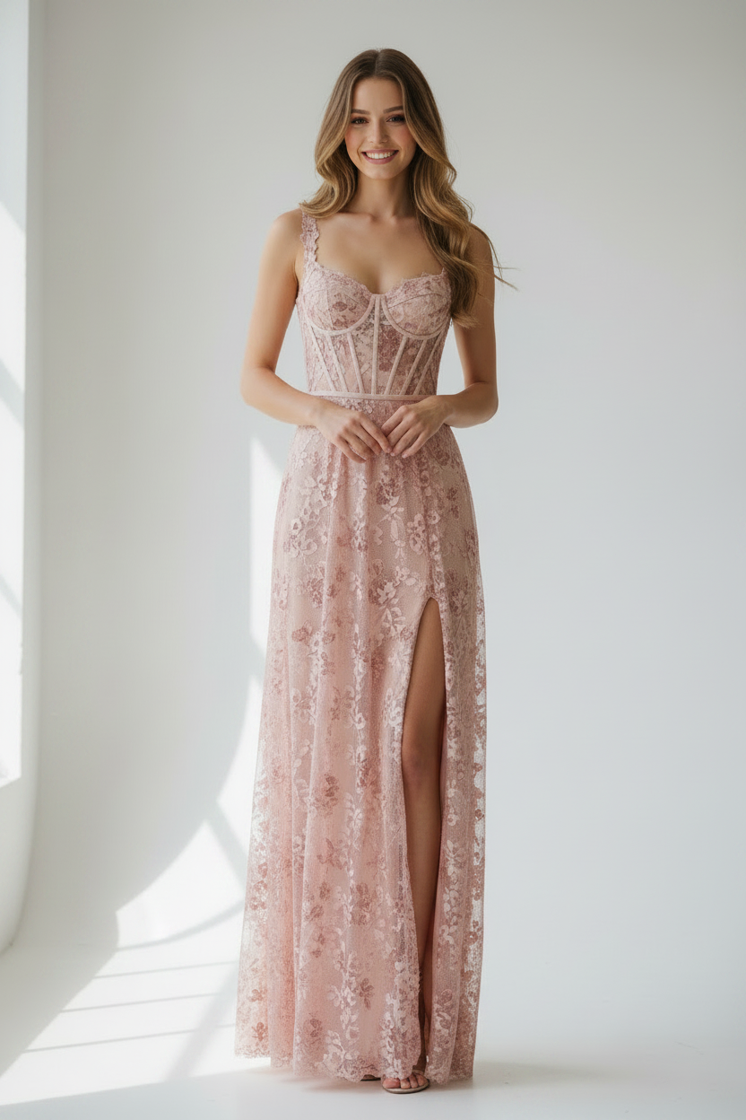 Blush Pink Lace Corset Maxi Dress front view