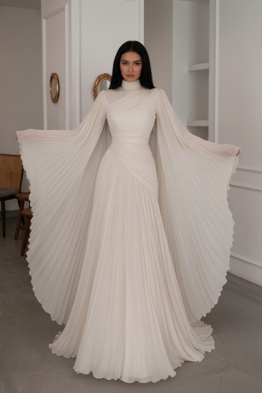 Ivory Cape Sleeve Pleated Gown - White Wall