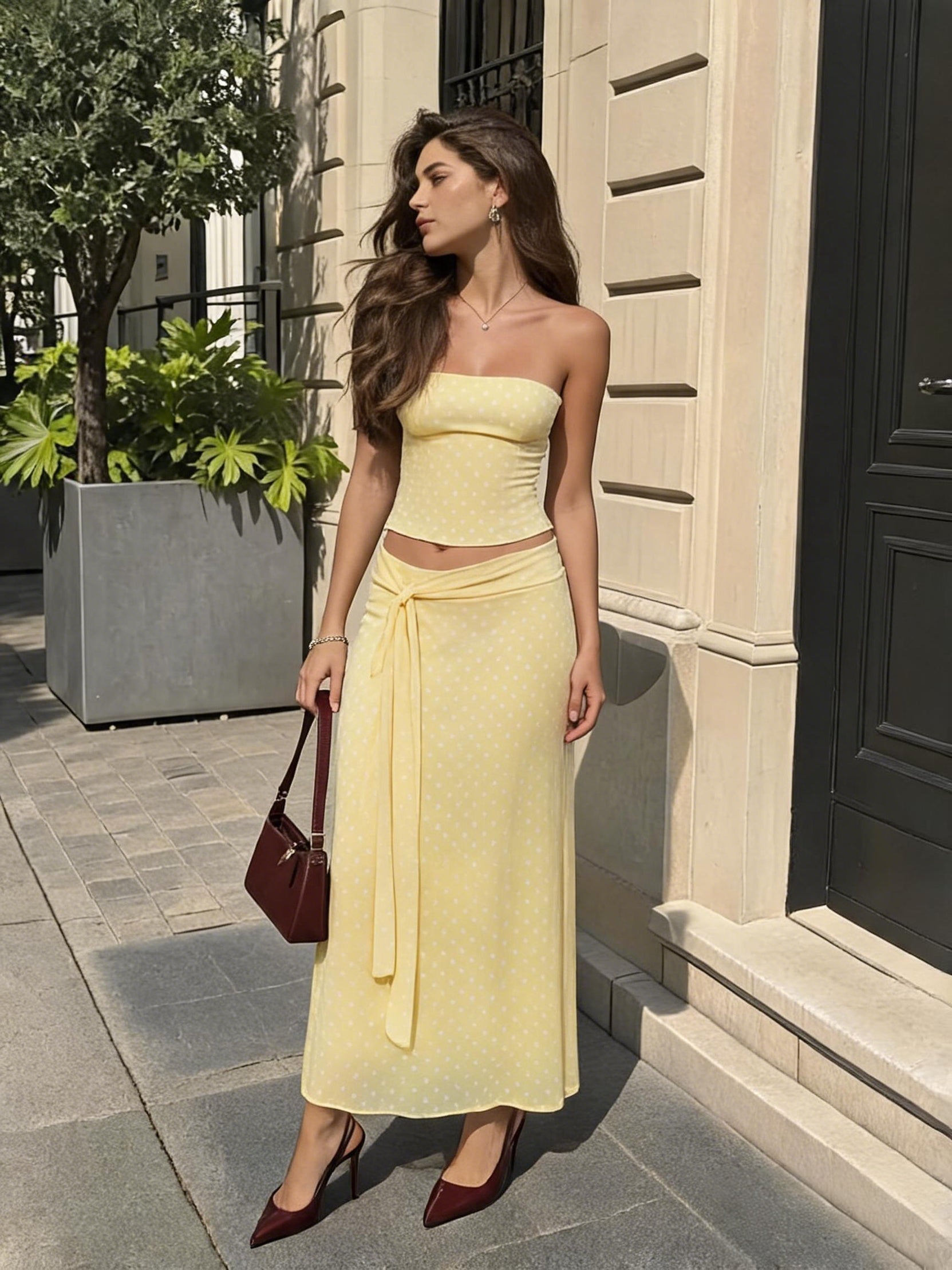 Butter Yellow Strapless Top & Bow Maxi Skirt Set