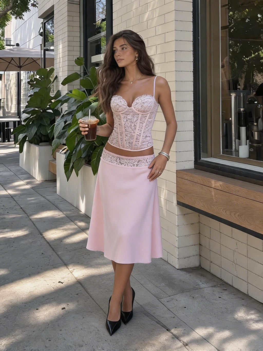 Pink Lace Corset Cami & High-Waisted Midi Skirt Set