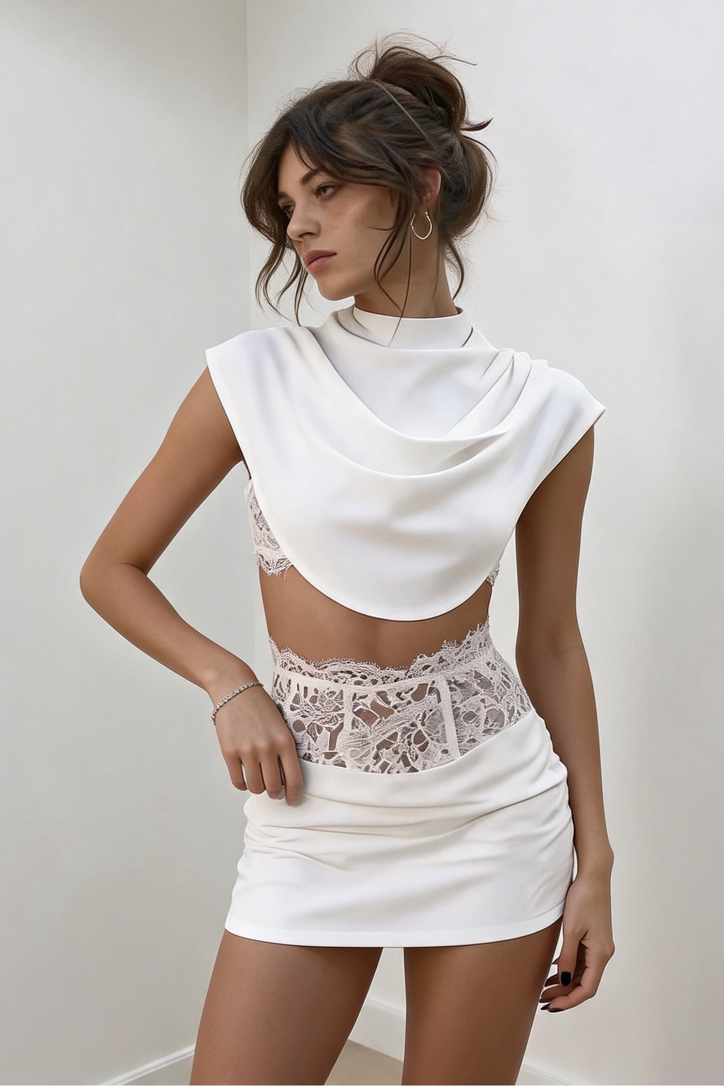 Satin & Lace High-Neck Two-Piece Set