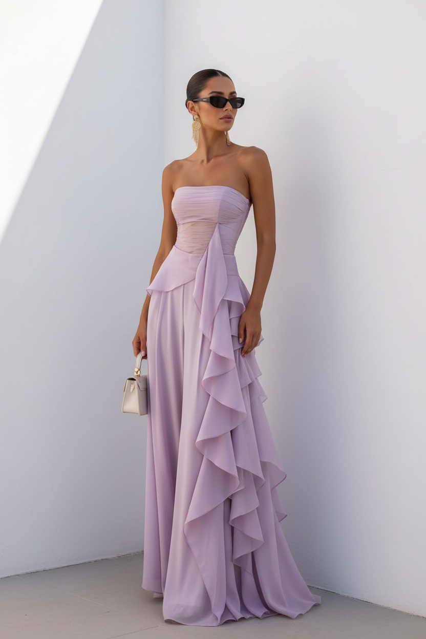 Lavender Strapless Ruffle Maxi Dress - White Wall