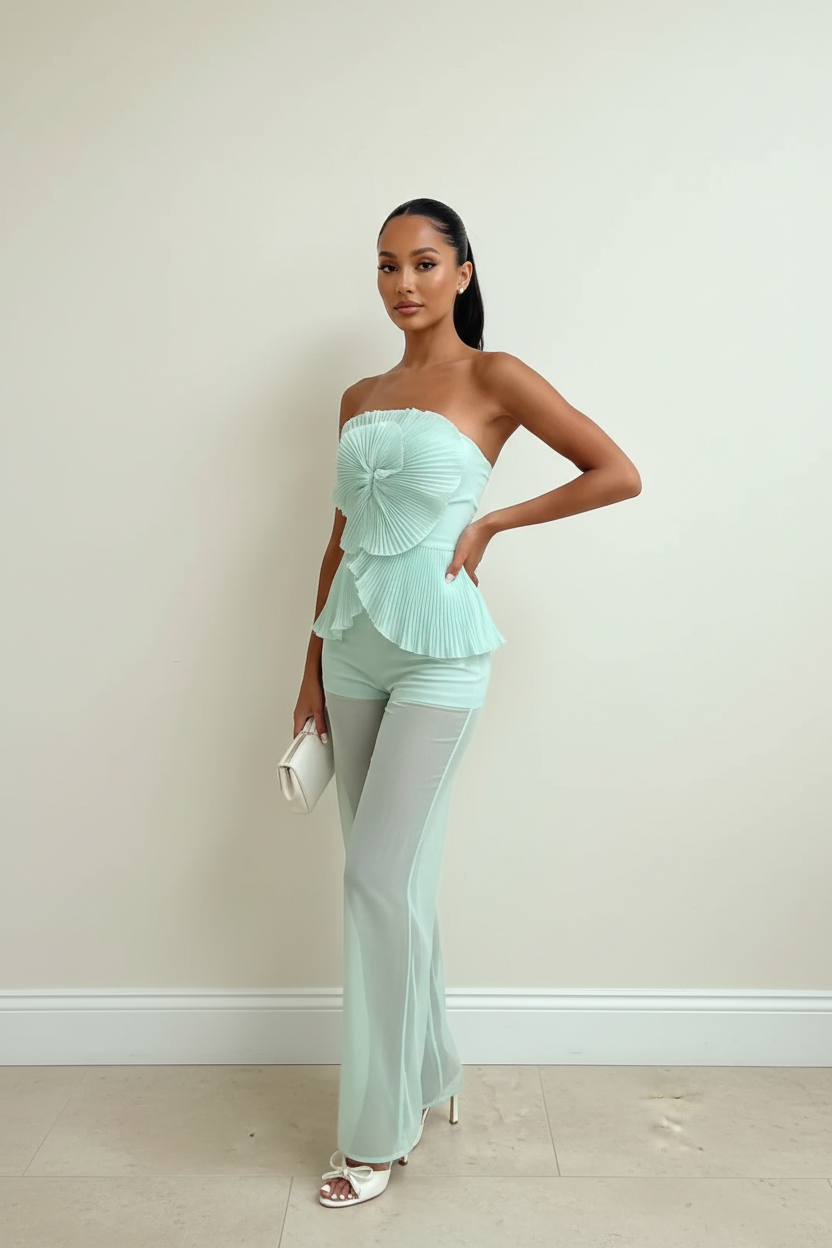 Mint Green Ruffle Top + Sheer Pants Set - White Wall