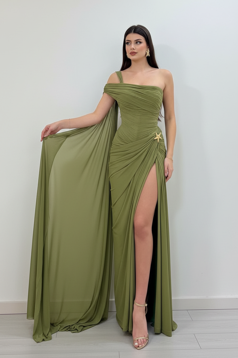 Olive Green One-Shoulder Cape Gown - White Wall
