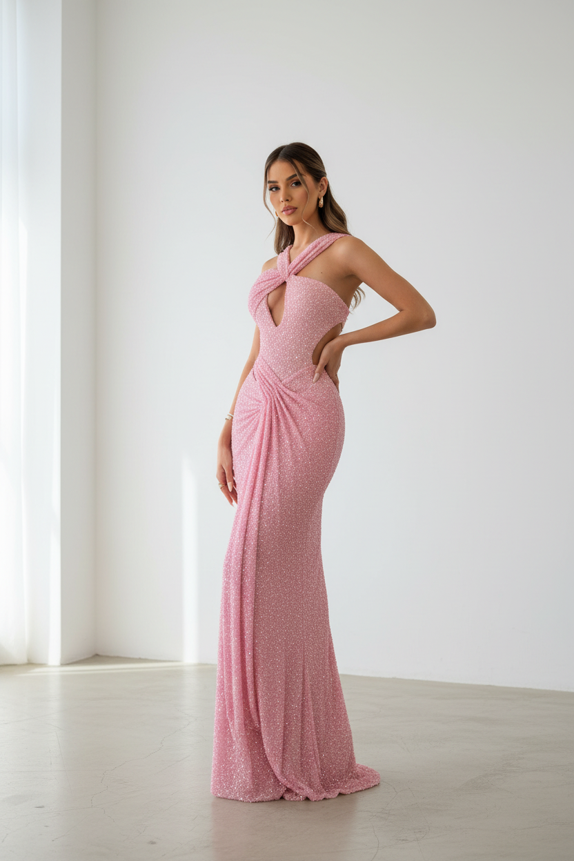 Pink Sequin Dress - White Wall Background